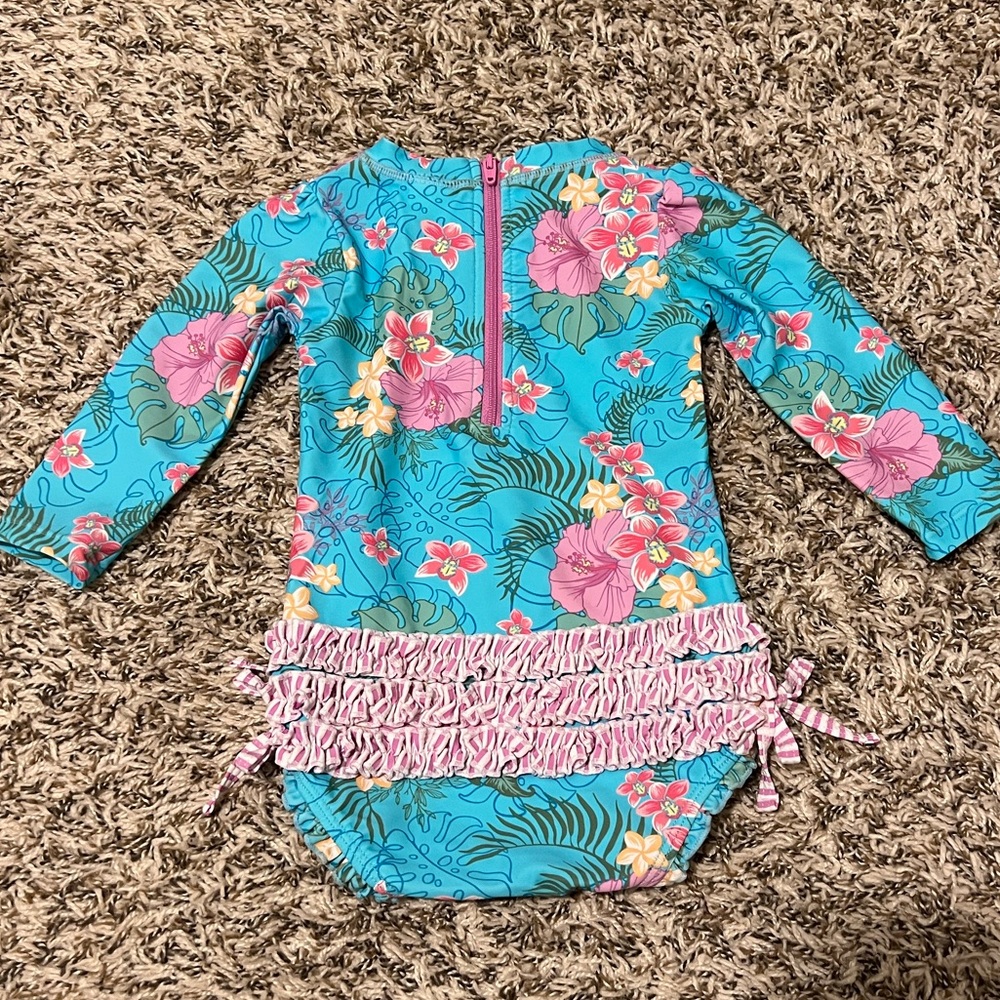 Ruffle Butts - Blue Tropical Rash Guard One-Piece - Sz 12-18 Months